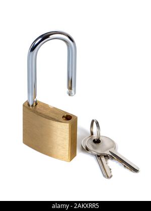 Metal padlock with keys on a ring isolated on white background Stock Photo