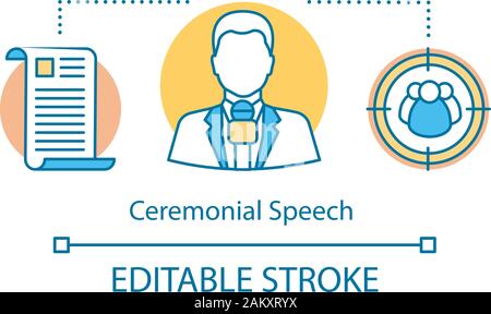 Ceremonial speech concept icon. Presenter, TV host. Public speaking idea thin line illustration. Presentation skills. Orator, speaker with microphone. Stock Vector