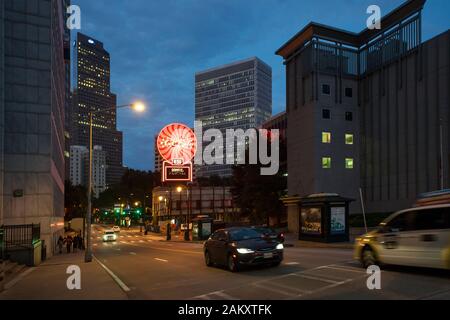 Evening horizontal shot of Peachtree st, Five Points, Atlanta, Georgia, USA Stock Photo