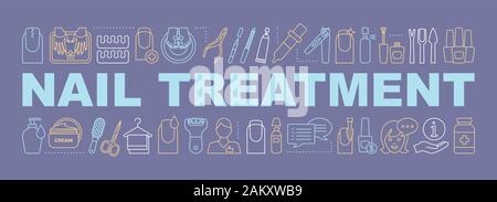 Nail treatment word concepts banner. Manicure, pedicure service. Nail salon. Isolated lettering typography idea with linear icons. Manicurist. Polish, Stock Vector
