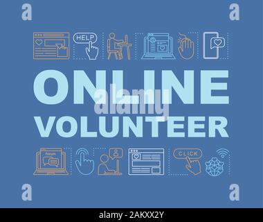 Online volunteer word concepts banner. Donation website. Charitable fundraising web page. Isolated lettering typography idea with linear icons. Presen Stock Vector