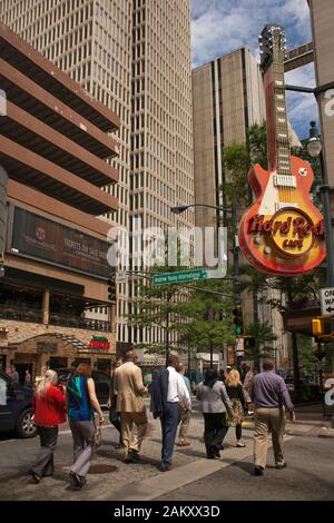 Horizontal shot of the pedestrian crossing at Andrew Young International Blvd in front of the Hard Rock Cafe entrance, Downtown Atlanta, Georgia, USA Stock Photo