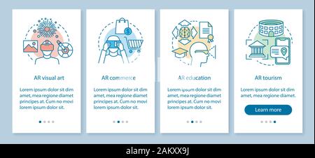 Augmented reality onboarding mobile app page screen with concepts. AR visual art, commerce, education, tourism walkthrough steps graphic instructions. Stock Vector