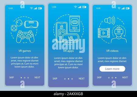 Virtual reality programs onboarding mobile app page screen with linear concepts. VR entertainment. VR games, apps, videos walkthrough steps graphic in Stock Vector