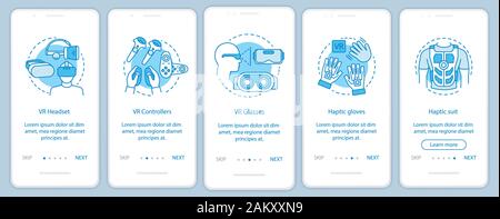 Virtual reality tools onboarding mobile app page screen with linear concept. VR mask set, controller, datagloves, suit walkthrough steps graphic instr Stock Vector