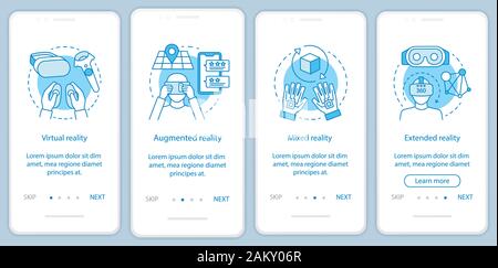 Extended reality onboarding mobile app page screen with linear concept. Virtual, augmented, mixed realities walkthrough steps graphic instructions. UX Stock Vector