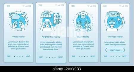 Extended reality onboarding mobile app page screen with linear concept. Virtual, augmented, mixed realities walkthrough steps graphic instructions. UX Stock Vector