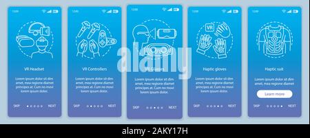 Virtual reality equipment onboarding mobile app page screen with linear concept. VR helmet, controller, cybergloves, suit walkthrough steps graphic in Stock Vector