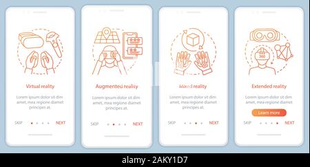 Extended reality onboarding mobile app page screen with linear concept. Virtual, augmented, mixed realities walkthrough steps graphic instructions. UX Stock Vector
