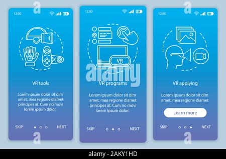 Virtual reality software onboarding mobile app page screen with linear concepts. VR tools, soft, application walkthrough steps graphic instructions. U Stock Vector