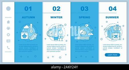 Four seasons onboarding mobile web pages vector template. Responsive smartphone website interface idea with linear illustrations. Spring, summer webpa Stock Vector