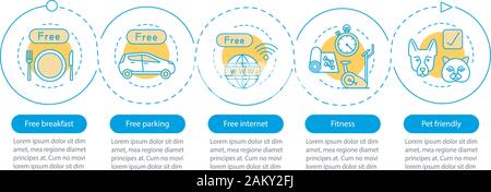 Hotel amenities vector infographic template. Room facilities and services. Business presentation design elements. Data visualization with steps and op Stock Vector