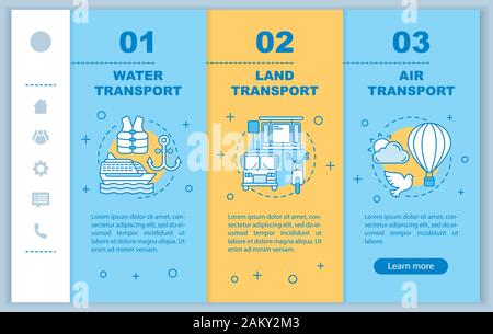 Transportation services onboarding mobile web pages vector template. Responsive smartphone interface idea with linear illustrations. Land, air transpo Stock Vector