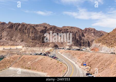 Boulder City, Nevada, USA- 01 June 2015: View of the Hoover Dam, a concrete gravitational arc dam, built in the Black Canyon on the Colorado River. Ro Stock Photo