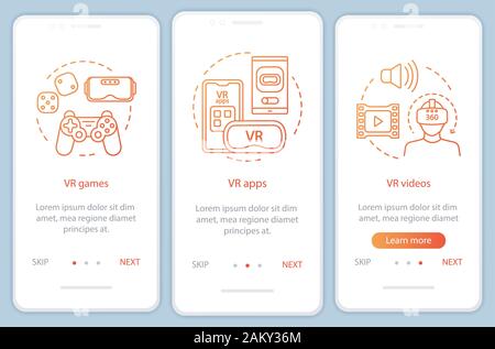 Virtual reality programs onboarding mobile app page screen with linear concepts. VR entertainment. VR games, apps, videos walkthrough steps graphic in Stock Vector