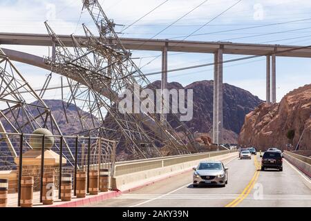 Boulder City, Nevada, USA- 01 June 2015: View of the Hoover Dam, a concrete gravitational arc dam, built in the Black Canyon on the Colorado River. Br Stock Photo