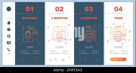 Language learning onboarding mobile app screens with service prices. Walkthrough website pages templates. Foreign language courses tariff plans steps. Stock Vector