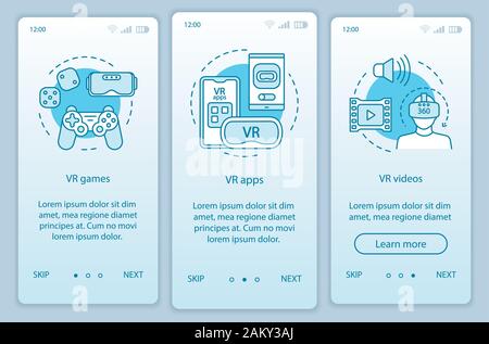 Virtual reality programs onboarding mobile app page screen with linear concepts. VR entertainment. VR games, apps, videos walkthrough steps graphic in Stock Vector