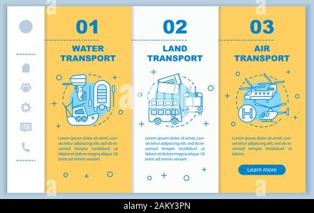 Transportation services onboarding mobile web pages vector template. Responsive smartphone interface idea with linear illustrations. Water, air transp Stock Vector