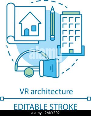 Virtual reality architecture concept icon. VR 360 degrees workplace. Building development. Presentation 3D architect project idea thin line icons. Vec Stock Vector