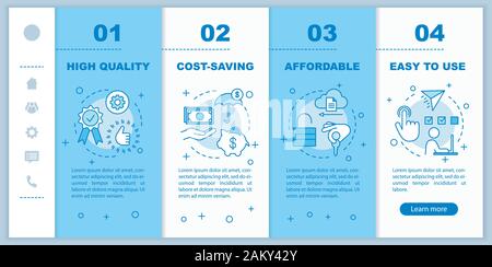 Smart house, domotics advantages onboarding mobile web pages vector template. Responsive smartphone website interface idea with linear illustrations. Stock Vector