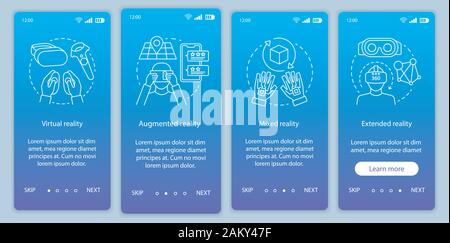 Extended reality onboarding mobile app page screen with linear concept. Virtual, augmented, mixed realities walkthrough steps graphic instructions. UX Stock Vector