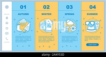 Four seasons onboarding mobile web pages vector template. Responsive smartphone website interface idea with linear illustrations. Spring, autumn webpa Stock Vector