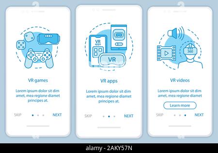 Virtual reality programs onboarding mobile app page screen with linear concepts. VR entertainment. VR games, apps, videos walkthrough steps graphic in Stock Vector