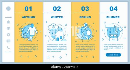 Four seasons onboarding mobile web pages vector template. Responsive smartphone website interface idea with linear illustrations. Summer, autumn webpa Stock Vector