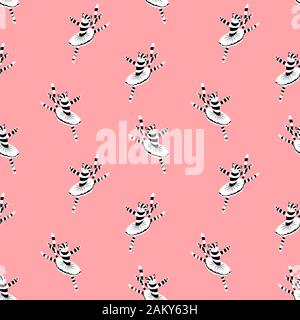 Seamless pattern with cute cartoon cat ballet dancer. Funny animal character in tutu skirt and pointes. Flat vector illustration. Stock Vector