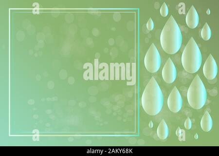 Green background with drops, banner or label frame, bokeh and copy space. Template border. Blurred soft focus bokeh of bright green color background w Stock Vector