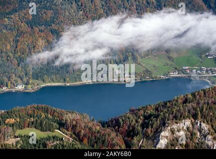 Picturesque autumn Alps mountain lakes view from Schafberg viewpoint, Salzkammergut, Upper Austria. Beautiful travel, hiking, seasonal, and nature bea Stock Photo