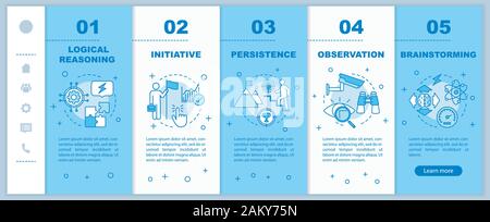 Mental skills onboarding mobile web pages vector template. HR soft qualities. Observation, brainstorming. Responsive smartphone website interface idea Stock Vector