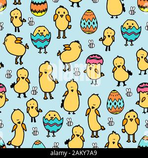 Seamless pattern with yellow chick's, colored eggs, cute bees. Pastel child print on fabric, wrapping paper, textile, wallpaper. Vector cartoon illust Stock Vector