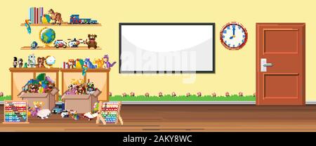 Background scene with whiteboard and toys illustration Stock Vector