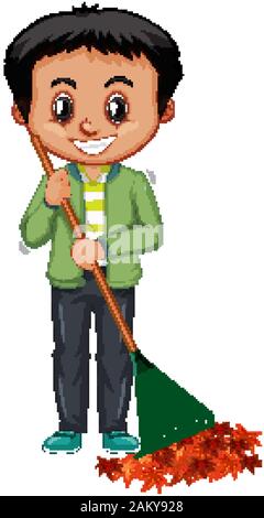 Boy in green jacket raking leaves on white background illustration Stock Vector