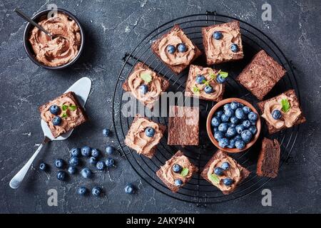 chocolate brownies topped with chocolate buttercream and decorated with fresh blueberries and mint on a wire stand on a concrete table with ingredient Stock Photo