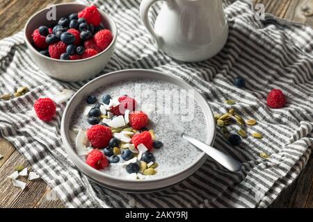 Homemade Chia Seed Pudding Bowl with Berries and Nuts Stock Photo