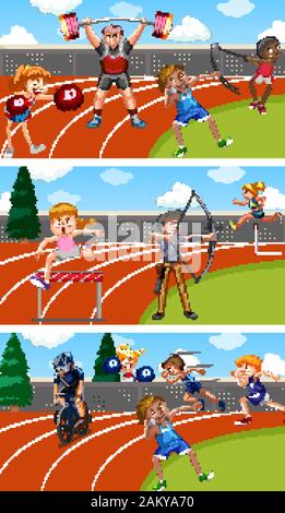 Background scene with athletes doing track and field events illustration Stock Vector