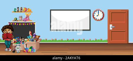 Background scene with whiteboard and toys illustration Stock Vector
