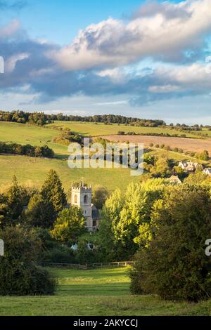 View over 15th Century St Andrew's Church, Naunton, Gloucestershire, England, UK Stock Photo