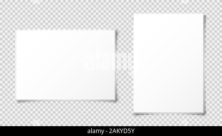 Realistic blank paper sheet with shadow in A4 format isolated on transparent checkered background. Notebook or book page. Design template or mockup Stock Vector