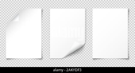 Realistic blank paper sheet with shadow in A4 format isolated on transparent checkered background. Notebook or book page. Design template or mockup Stock Vector