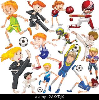 Set of many people doing different types of sports illustration Stock Vector