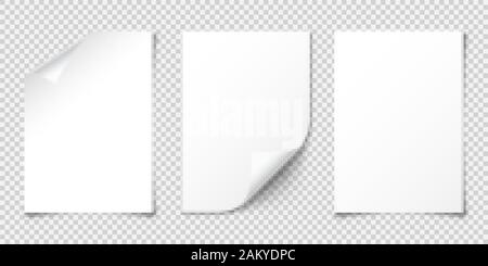 Realistic blank paper sheet with shadow in A4 format isolated on transparent checkered background. Notebook or book page. Design template or mockup Stock Vector
