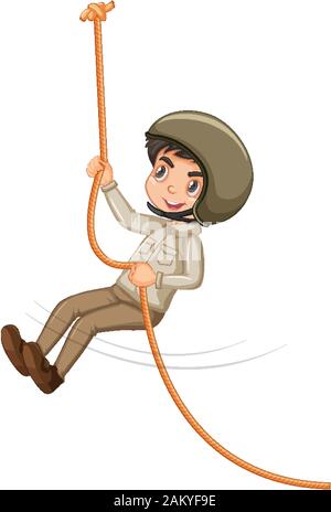 Boy in safari outfit climbing rope on white background illustration Stock Vector