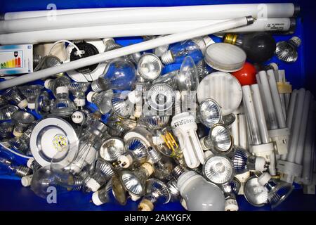 A close up view of products in a bucket for electronic recycling Stock Photo