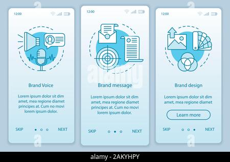 Branding elements onboarding mobile app page screen vector template. Brand voice, message and design. Walkthrough website steps with linear illustrati Stock Vector