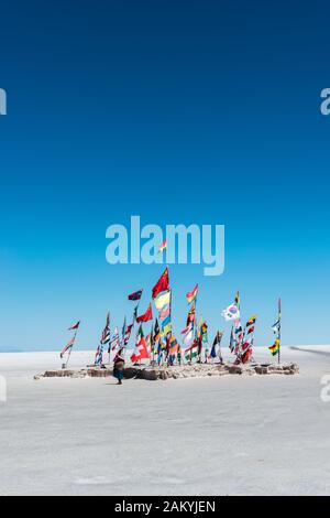 International flags in the world´s biggest saltlake Salar de Uyuni, Department Potosi, Southwest Bolivia, Latin America Stock Photo