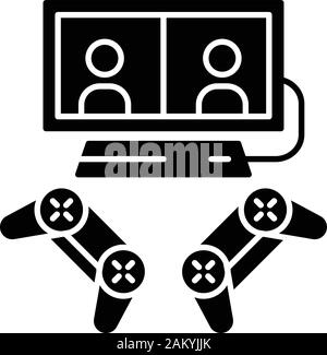 Video games glyph icon. Esports. Competition for two gamers. Gaming devices. Split screen, multiplayer games. Silhouette symbol. Negative space. Vecto Stock Vector